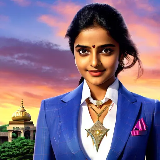 Prompt: realistic photography of a beautiful young Indian bond girl, wearing a suit, bhindi on her forehead, and flashy diamond neckless. natural light in the sky with bright colors by Studio Ghibli
