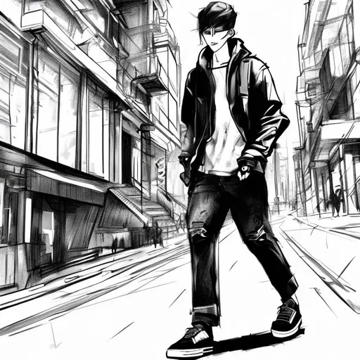 Prompt: Sketch style album cover of a man with skater style clothing walking around the city