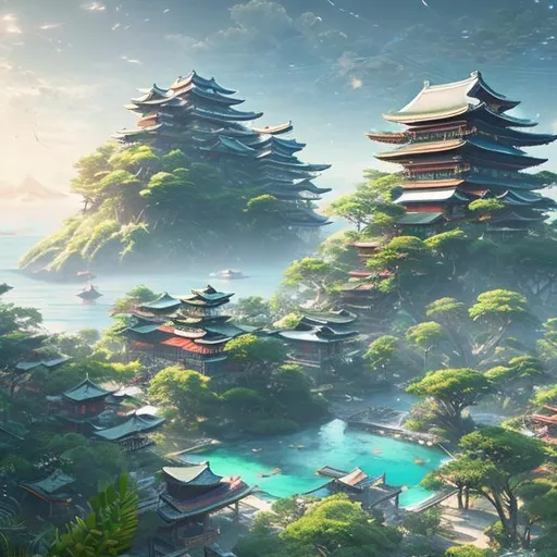 Prompt: futuristic, rooftop Japanese garden, chillwave, solarpunk, tropical island, ultra detailed, cinematic lighting, photorealistic, realistic details, wide view