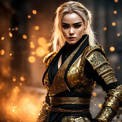 Prompt: create photograph of female ninja in gold and black ninja style robes, covered in blood, detailed face, extremely detailed environment, extremely detailed background, extremely detailed skin, natural colors , professionally color graded, photorealism, 8k, realistic, moody lighting, ambience lighting, complex filigree, galactic environment, volumetric lighting