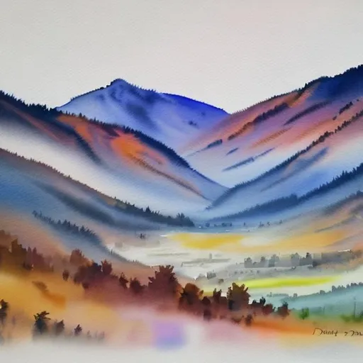 Prompt: Dawn and sunrise over wintry valley in watercolor