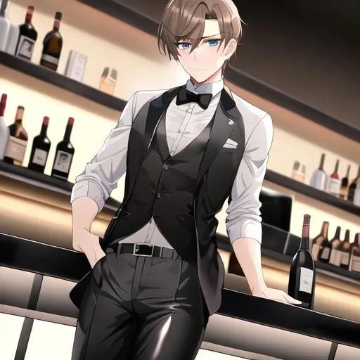 Prompt: Alex 1male. Short light brown hair. Soft and mesmerizing light grey eyes. Wearing a sleek black button-up shirt, paired with tailored black pants and shiny leather shoes. He completes the look with a stylish black vest and a classic black bow tie. UHD, 8K, standing behind a bar counter, blushing