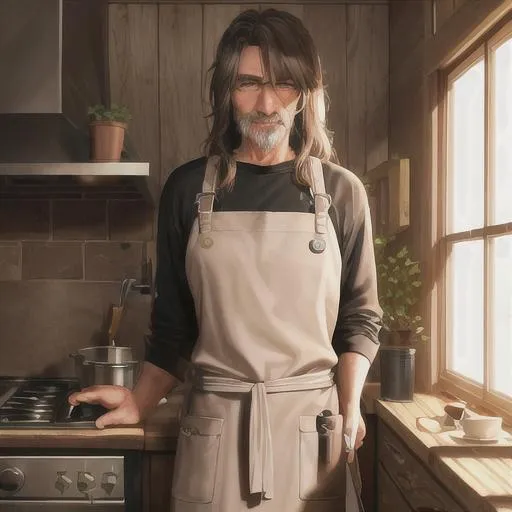 Prompt: {70 year old Adult male}, (skinny),  {long brown hair}, (Hippie), filthy, leather apron, (brown eyes) digital art, full res, in a farm, 
