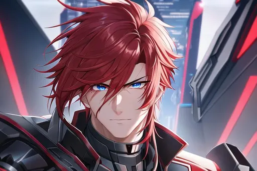 Prompt: Zerif 1male (Red side-swept hair falling between the eyes, sharp and sassy blue eyes), highly detailed face, 8K, Insane detail, best quality, UHD, handsome, flirty, muscular, Highly detailed, insane detail, high quality. cyberpunk