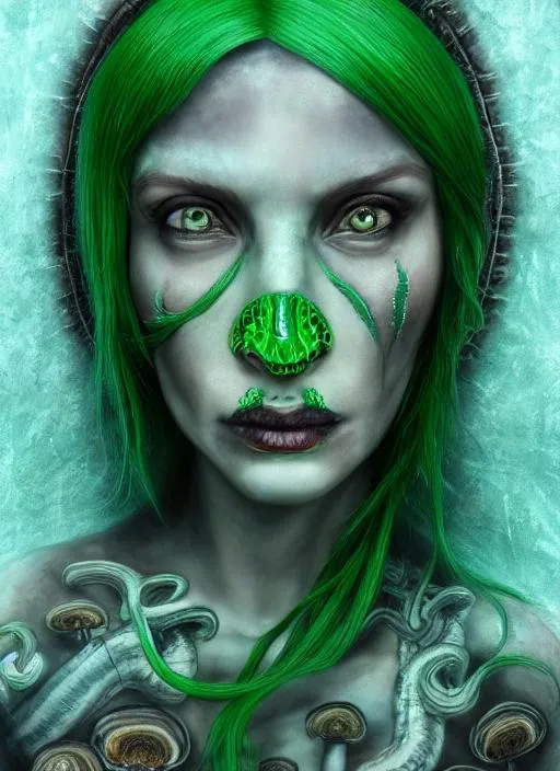 Prompt: Portrait of {giger woman} with {green} hair and with mushrooms, {icy}, perfect composition, hyperrealistic, super detailed, 8k, high quality, trending art, trending on artstation, sharp focus, studio photo, intricate details, highly detailed