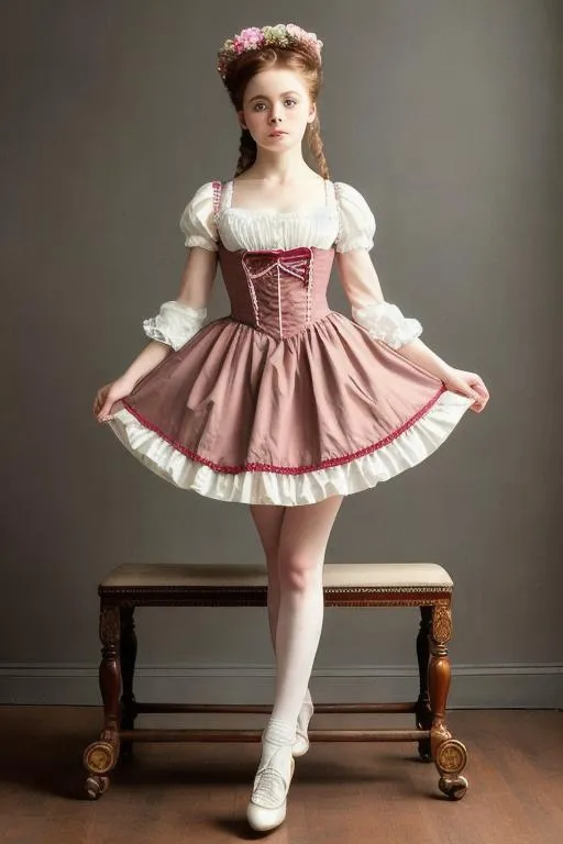 Prompt: full body, professional, Sophia Lillis in Classical Lolita fashon, Victorian umbrela,  bench on background, long hair, dynamic pose, 64k, extremely detailed, extremely realistic, masterpiece
