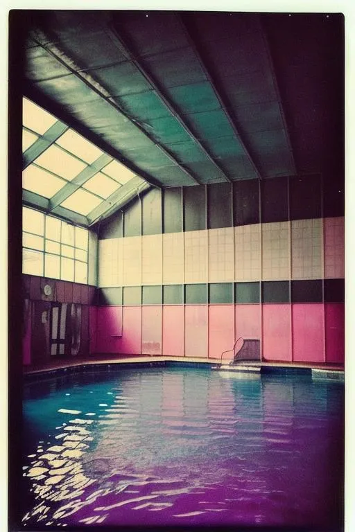 Prompt: Liminal space, eerie, indoor water park, abandoned, pink, creepy, dark lighting, grainy Polaroid photo, ultra detailed, photorealistic, centered, aesthetic, popular on Etsy, feminine