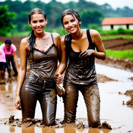 Prompt: photo of young woman, soaking wet clothes, heels, pattern tights lace muddy, brown muddy jeans outfit cleavage muddy arms legs,  , two girls standing pouring of mud over her face muddy hair covered dirty arms,   enjoying, water dripping from clothes, clothes stuck to body,  detailed textures of the wet fabric, wet face, wet plastered hair,  wet, drenched, professional, high-quality details, full body view.