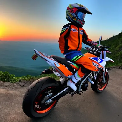 Prompt: A Boy sitting on a Supermoto , watching the sunrise on top of a mountain