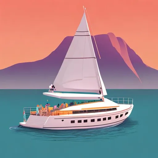 Prompt: Yacht blond women eyeglasses lake sunset illustration full boat

