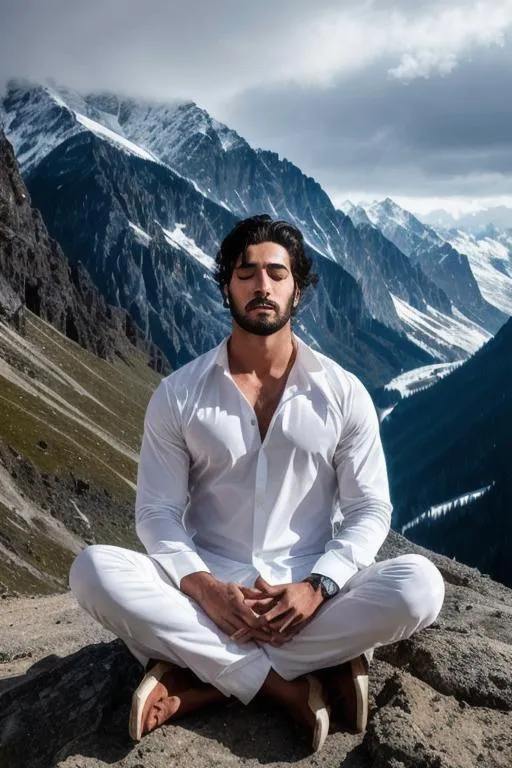 Prompt: a scene of "hyperreal face eyes closed", meditating, lost in god,"afghani hyperreal handsome rugged boy" in "hyperreal stormy snow mountain", smile, white kameez, detailed, hyperreal, sitting, arena, perfect composition, hyperrealistic, super detailed, 8k, high quality, trending art, trending on artstation, sharp focus, studio photo, intricate details, highly detailed, by greg rutkowski
