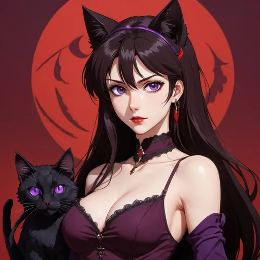 Prompt: fair skin tone, red background, beautiful woman, innocent, hot, long dark brown hair, purple eyes, dark red lips, vacant stare, gothic, cat ears, cat tail, dynamic pose, detailed facial features, dark lighting, 90s anime, 80s anime, anime screencap, cartoon, 2d art, romance novel cover, anime art style, castlevania anime, beserk anime