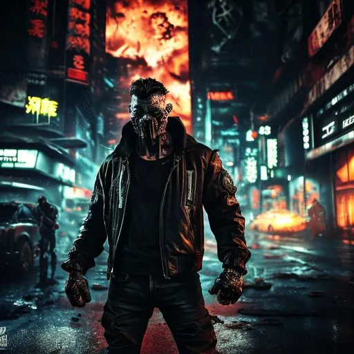 Prompt: Muscular Villain. Tattoos. Tough. paramilitary jacket with gang logo. Slow exposure. Detailed. Dirty. Dark and gritty. Post-apocalyptic Neo Tokyo. Futuristic. Shadows. Sinister. Armed. Brutal. Intimidating. mask. Fanatic. Intense. Heavy rain. Neon lights in background. Explosion. Burning car in mid distance.  Explosive Detonator in hand.