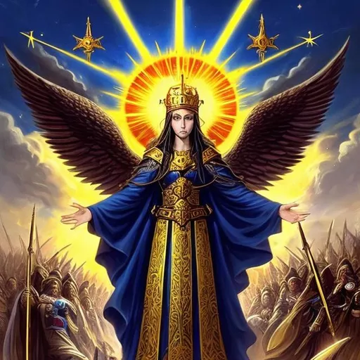 Prompt: glorious to witness vast war and armies. BEHOLD the great sign appearing in the heavens! A Chaldean virgin clothed all about with the sun, the moon under her feet, and a crown of twelve stars around her head. she commands the terrible, immense armies arrayed with banners of war