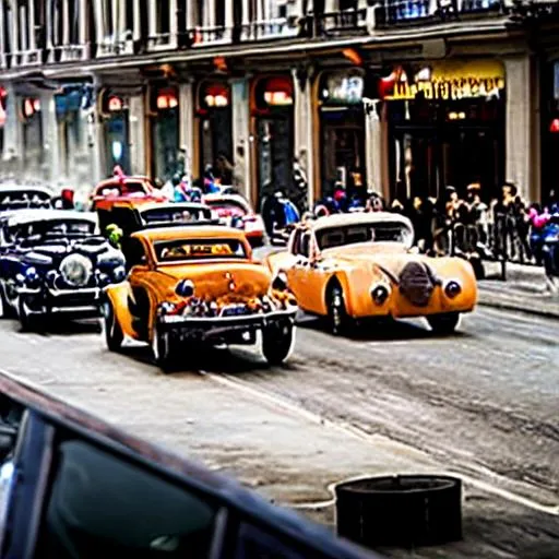 Extremely detailed photo of old cars racing on a bus