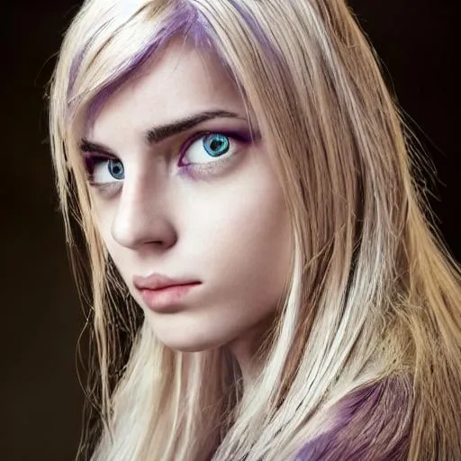 Prompt: Girl with purple eyes, blond hair, hair down, and siting
