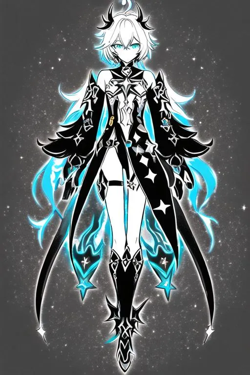 Prompt: Create a very unique, dark galaxy, star, astrology, mysterious MALE BOY outfit inspired by Honkai star rail, Honkai impact 3rd, genshin impact and other Video games. ((((unique))), simple detail. fantasy, full body visible. MALE. Simple. Dark color palette