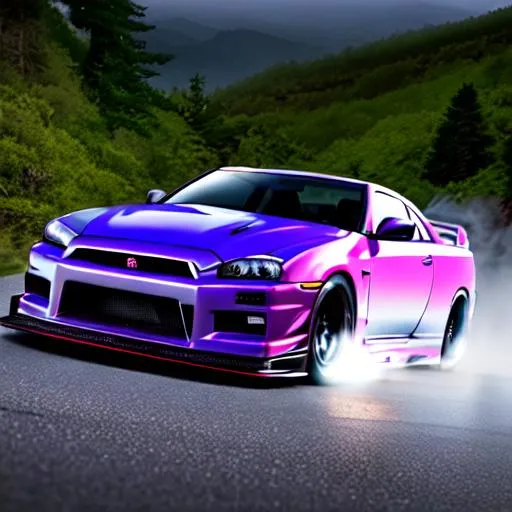 Prompt: Nissan skyline GTR 35 widebody with neon light is drifting on steep mountain roads