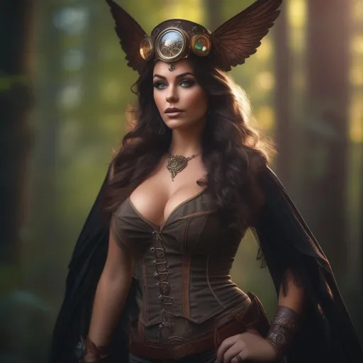 Prompt: 4k.  8k. Cinematic, Wide angle.  Whole body showing. Hyper realistic painting. Detailed Illustration. photo real. A beautiful, buxom woman with broad hips. extremely colorful, bright eyes,  standing in a forest by a sleepy town. Shes a Steam Punk style witch, a Winged fairy, with a skimpy, very sheer, gossamer, flowing outfit. On a colorful, Halloween night. Trending on artstation