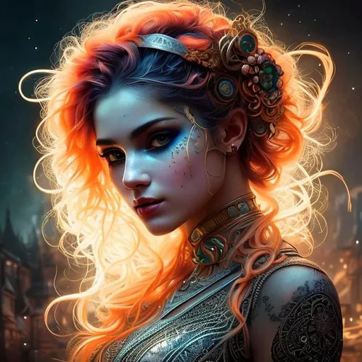 Prompt: Insanely detailed Portrait photograph of beautiful woman in rags, she has straight and bright neon orange hair and an ultra detailed face, lacy white clothes, symmetrical bright neon yellow cat pupils, silver circlet, cleavage, soft face, deep colors, full moon lighting glow background, shadows, Breathtaking Fantasycore Artwork By Android Jones, Jean Baptiste Monge, Alberto Seveso, Erin Hanson, Jeremy Mann. Intricate Photography, A Masterpiece, 8k Resolution Artstation, Unreal Engine 5, Cgsociety, Octane Photograph, sharp focus