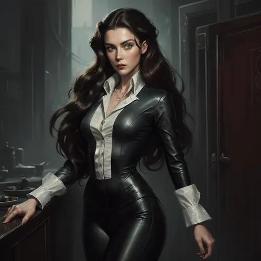 Prompt: digital painting concept art "the mistress" by ((Greg Rutkowski)), gritty noir, 1950s style, supermodel woman with green eyes and (long curly brunette hair), white blouse, black leather leggings