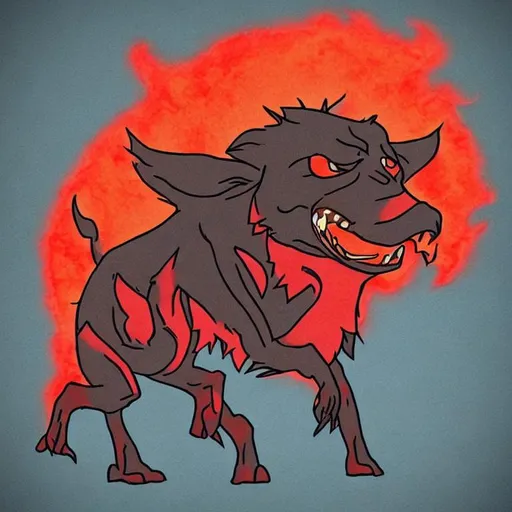 Prompt: satire cartoonist style hellhound with glowing eyes in a red mist
