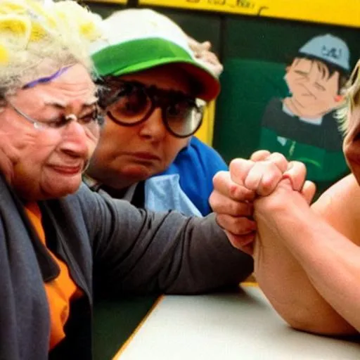 Prompt: rosa parks arm wrestling with eric cartman