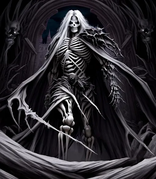 Prompt: Full body shot, Horror, twisted, scary, ominous, cinematic, 3D, HD, freeform dark chaos {Man}Skeleton as Warrior, detailed gorgeous face, Beautiful big reflective eyes, long flowing hair, expansive Magical Castle background, hyper realistic, 16K --s98500