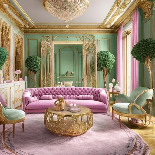 Prompt: Create a large room colored in pink and gold with a sofa made of dark green crystal, two chairs made of green, white and blue peacock feathers, a library in the corner of the room, golden lighting, an aquarium, small trees, cherry trees and purple roses،8K
