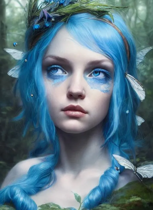 Prompt: Portrait of a fairy with blue hair and with cute face, forest , perfect composition, hyperrealistic, super detailed, 8k, high quality, trending art, trending on artstation, sharp focus, studio photo, intricate details, highly detailed, by greg rutkowski