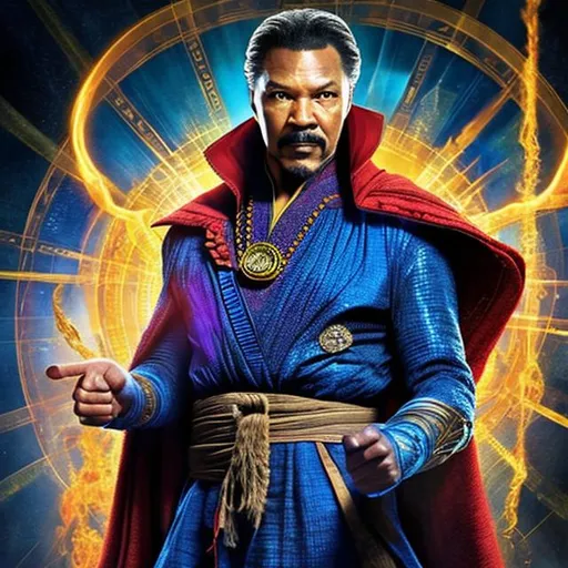 Prompt: Billy Dee Williams as Dr. Strange, 100K, movie poster, hyper realistic, High resolution, have the cape flowing, serious face, 25 years old