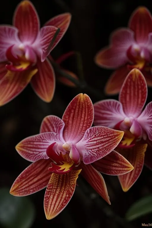 Prompt: A dramatic image of a delicate orchid of vibrant red color blossoming in a vibrant forest. The foliage of the petals is covered in a dense, rich, leathery film, and the entire scene is illuminated by a narrow aperture. The sun casts a soft, golden light, creating a dreamy atmosphere. telephoto lens, long exposure, soft lighting