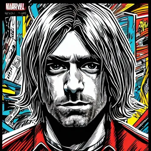Prompt: Retro comic style artwork, highly detailed kurt cobain, comic book cover, symmetrical, vibrant