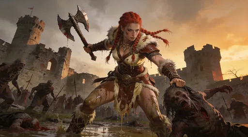 Prompt: Luis Royo art style, full scene in ((Dutch Angle shot)). Ancient decrepit ruined castle grounds at dusk. Realistic full body, ((Powerful Matilda Lutz looking female barbarian)) red hair braided Norse style. Wearing a flood splattered muddled cream and chocolate fur and leather armor with a double bladed battle axe in one hand. The other hand is holding down a zombie which the barbarian prepares to strike with the battle axe. Scene emanating a violent, battlefield atmosphere with undead every where. Intricate details, high contrast, regal aura, (4K), ultra-detailed, evokes a sense of horror with her heroic presence standing out.
