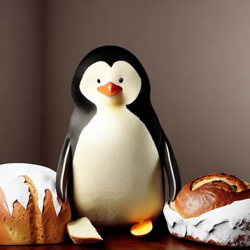 Prompt: A penguin sitting on a loaf of bread, cute