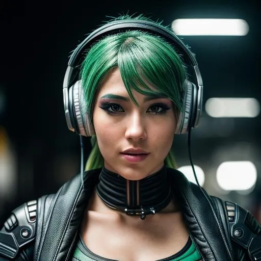 Prompt: hyper realistic extremely detailed cyberpunk woman. She has green hair, headphones and a ninja mask