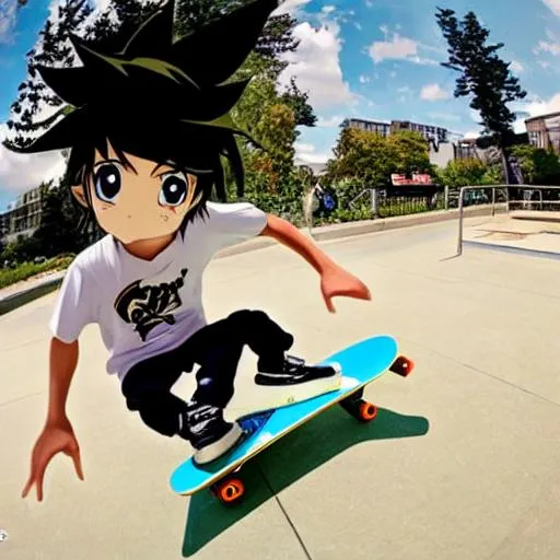 An anime boy riding a skateboard in fire