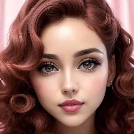 Prompt: woman with big  eyes and carmine lips, curly hair,,  pink cheeks