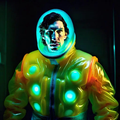 Prompt: Full view of Intimidating mohawked Adam Driver with a mocking expression is wearing a Teal and yellow-orange translucent glowing bioluminescent lumpy jello protective suit and posing threateningly in a dark room