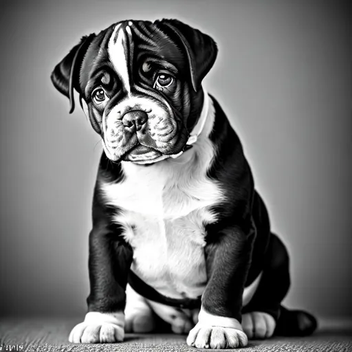 Prompt: photograph, 8k, pov, photo realistic, soft dreamy lighting, studio lighting, hyper detailed, full body,  symmetrical, 8 week old super cute black and white bullmastiff puppy with large soulful eyes looking at you with adoring love, sitting on it's hind legs, computer splash, portrait,