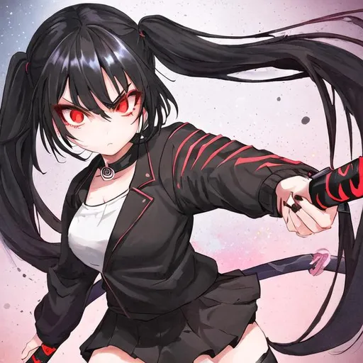 Prompt: a cute girl with black hair, half-up pigtails, red eyes, looks mean, dressed black mini-skirt and black jacket, holding a katana in anime style, masterpiece, straight-on, upper body, starry sky, detailed face