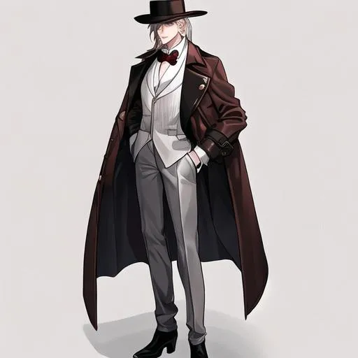 Prompt: A lone man with luscious, combed back platinum blonde hair, a dark brown fedora, rather light skin, a dark red trench coat, a white singlet, a bronze bow tie, loose black suit pants, silver and bronze arm cuffs, and silver work boots with heels.
