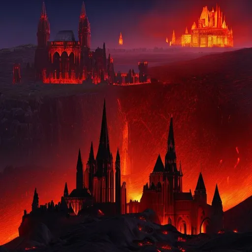 Prompt: mustafar, lava planet, gothic cathedral, castle, fortress, spires, night