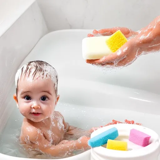 Prompt: Picture of a baby happily bathing and scrubbing with the Baby Bath Sponge