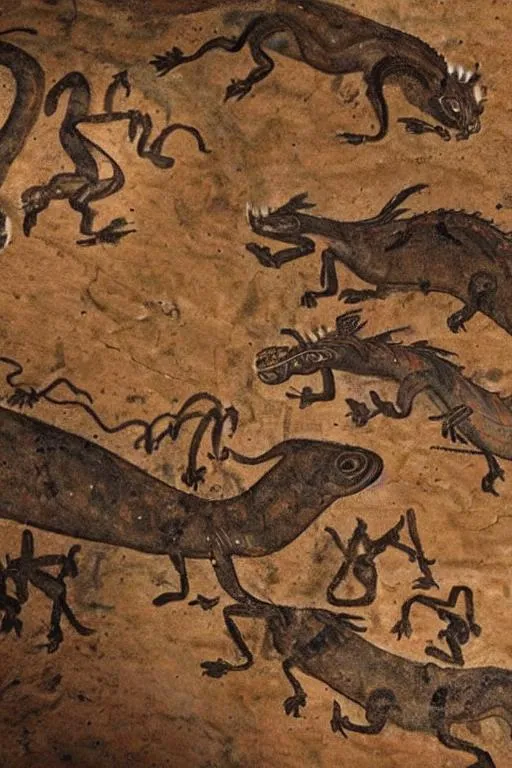 Prompt: national geographic picture of cave painting of dragon hunting humans