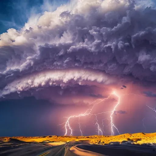 Prompt: rolling dramatic desert landscape, sand dunes, clouds, storm, lightning striking with electricity with electric truck alone on a road