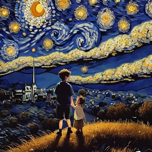 Prompt: A boy and a girl having a conversation on a starry night 