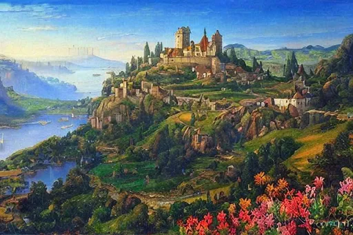 Prompt: realistic medieval oil painting of beautiful scenery