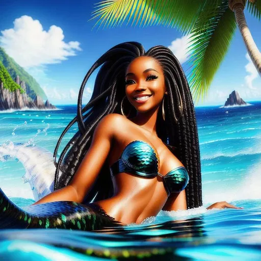 Prompt: SFW, (Hyperrealistic, highly detailed, wide shot of Black mermaid)
Benevolent, beautiful, wise, playful, smiling, long hair, amazing scenery,  tropical sea