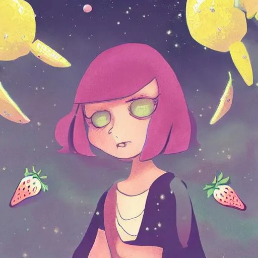 Prompt: Witch, aesthetic, pastel, beautiful, painting, strawberries, cute, soft, lemons, art, sweet, milk, crystals, highres, illustration, Steven universe, moon, stars, space, sci fi, alien, ghibli